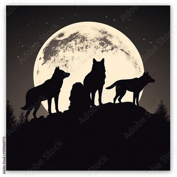 Fototapeta Silhouette of wolves against background of moon. Singing wolves..