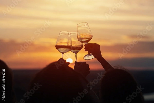 Fototapeta A group of girlfriends raise a toast with glasses of white wine on a sunset. Close shot.	
