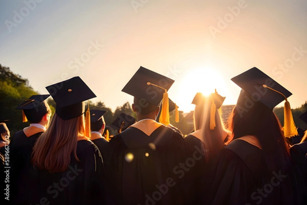 Fototapeta graduation hats on university graduates, Generative AI