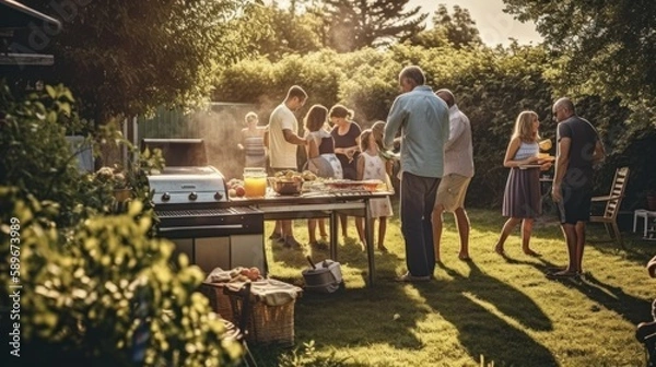 Fototapeta Happy family having a barbecue in the backyard on a sunny day. Generative AI.
