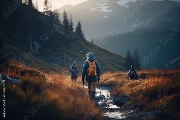 Fototapeta Adventure Seekers: Hiking and Enjoying Outdoor Sports and Activities in Scenic Landscapes. Generative AI