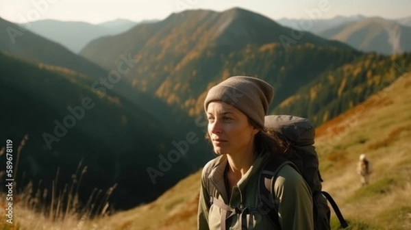 Fototapeta Smiling woman hiking in the mountains with a beautiful view. Generative AI.