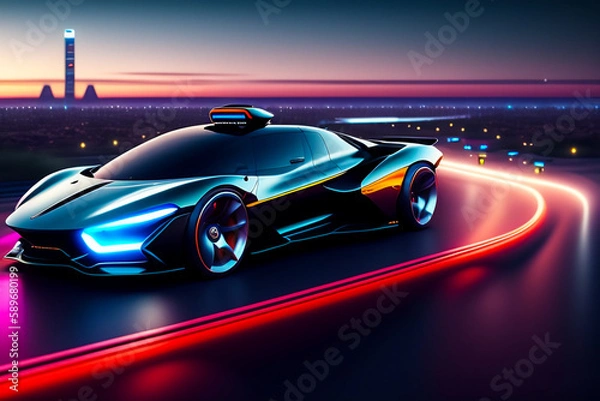 Fototapeta Aerial drone after a futuristic 3D concept car. Autonomous self-driving car moving on a city highway. Visualized AI sensors scan the road ahead for vehicles and pedestrians. back view. Generative AI