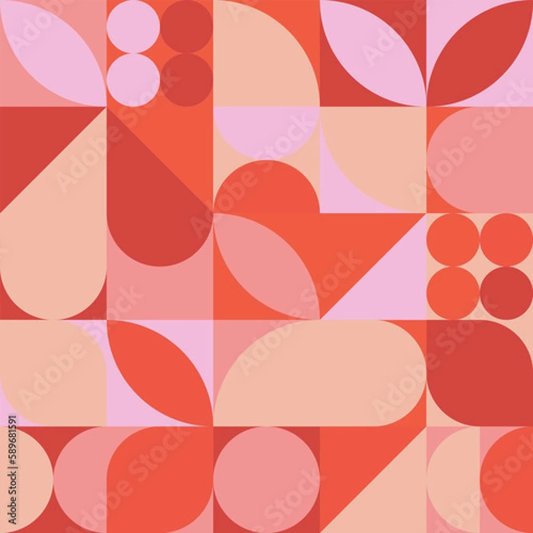 Fototapeta Seamless pink background for Mother's Day card template. Trendy geometric shapes with circles, squares and hearts in retro style for a Valentine's Day or wedding day cover.