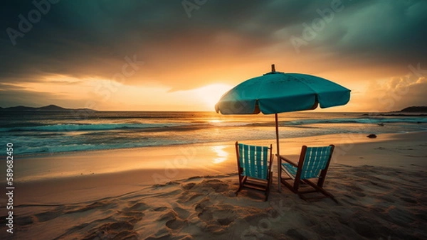 Obraz Wooden Chairs And Umbrella In Tropical Beach with turquoise sea with Generative AI.