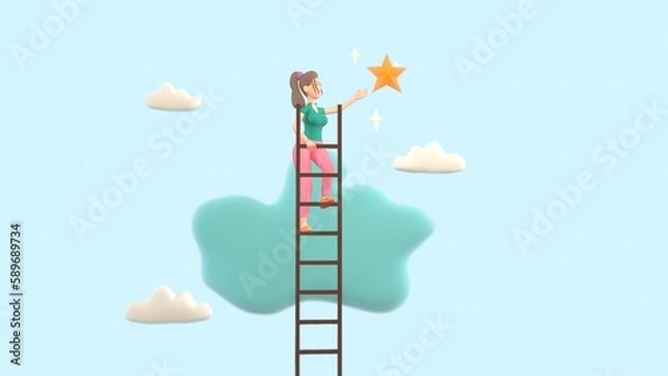 Obraz Success ladder to reach goal, businessman climb up ladder of success to reach star target. 3d-rendering