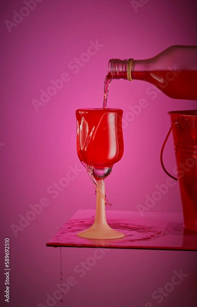 Obraz Alcohol being poured out of a bottle in to a wine glass and the alcohol is flowing over the glass and splashing everywhere.