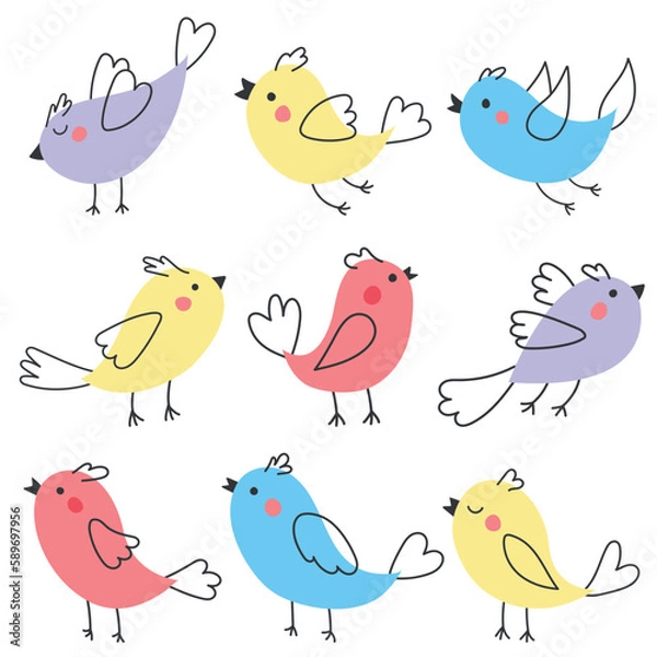 Fototapeta A set of bright colorful birds with spring flowers. Vector birds drawn in a modern style. Illustrations for postcard templates, banners and posters