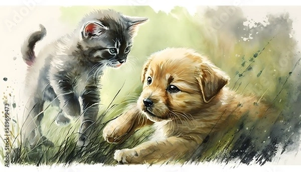 Fototapeta golden retriever puppy playing with a little cat outdoors, watercolor painting, generative ai