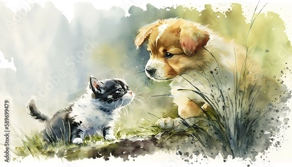 Fototapeta dog playing with a cat outdoors, wildlife, water color painting , generative ai