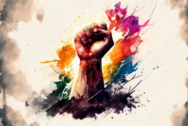 Fototapeta protest fist splashing paint with rainbow, in the style of ink wash painter, genrative ai