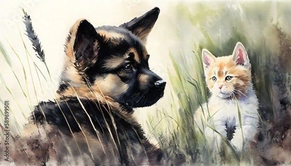 Fototapeta Puppy playing with a cat in the grass, wildlife, water color painting , generative ai