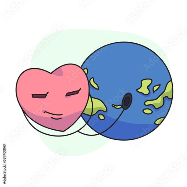 Obraz flat vector illustration, cute heart using stethoscope checking globe.