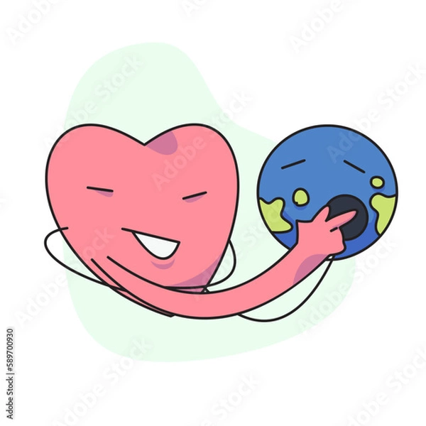 Obraz flat vector illustration, cute heart using stethoscope checking globe.