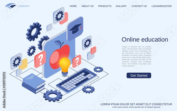 Fototapeta Online education, distant learning, teaching modern 3d isometric vector concept illustration. Landing page design template