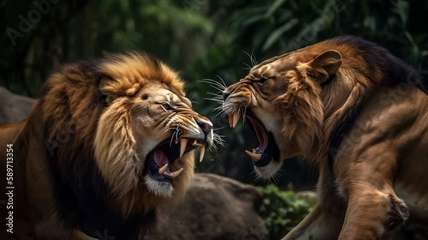 Fototapeta 2 male lions fighting over each others turf.