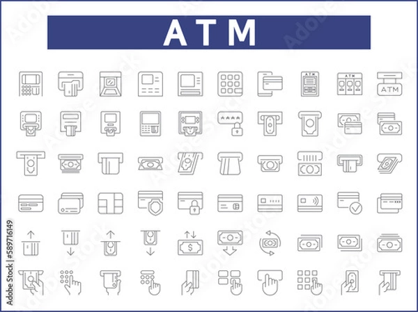 Obraz Simple Set of atm Related Vector Line Icons. Vector collection of money, credit card, banking, loan, finance, credit, deposit, income, payment and design elements symbols or logo element.
