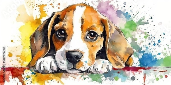 Fototapeta watercolor borders of a colorful beagle puppy - Generative AI Art