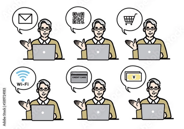 Fototapeta ラップトップの前に座って説明をしているメガネをかけたシニア男性のセット
