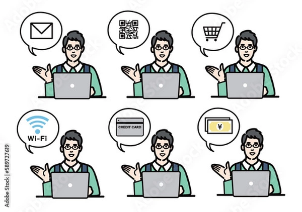 Fototapeta ラップトップの前で説明をしているメガネをかけている主夫のセット
