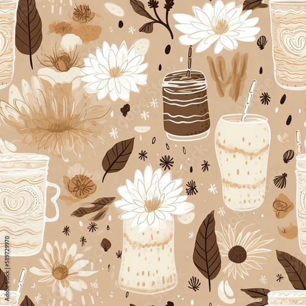 Fototapeta Boho coffee latte illustration seamless background generative AI