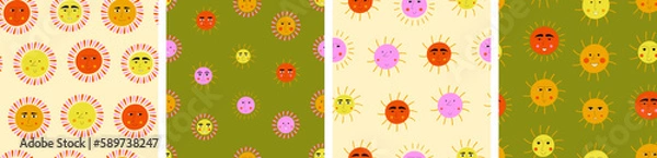 Obraz Four repeating patterns, joyful suns. Endless backdrop, colored smiley face, simple cute shapes, flat vector.