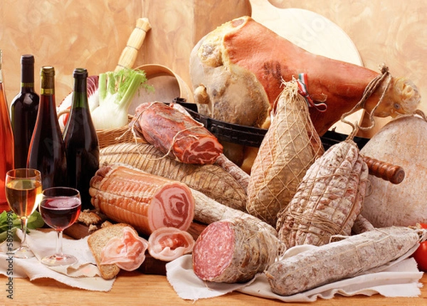 Fototapeta Salami i wino