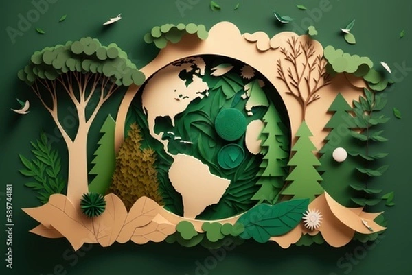 Fototapeta World environment day background in paper cut style, Earth day. Generative AI