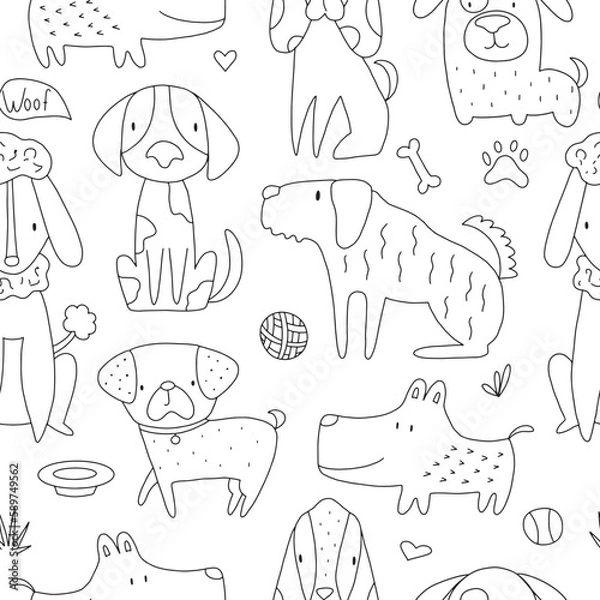 Fototapeta Vector hand-drawn color seamless repeating childish simple pattern with cute dogs in doodle style . Children's pattern with dogs. Dogs print. Cute baby animals.