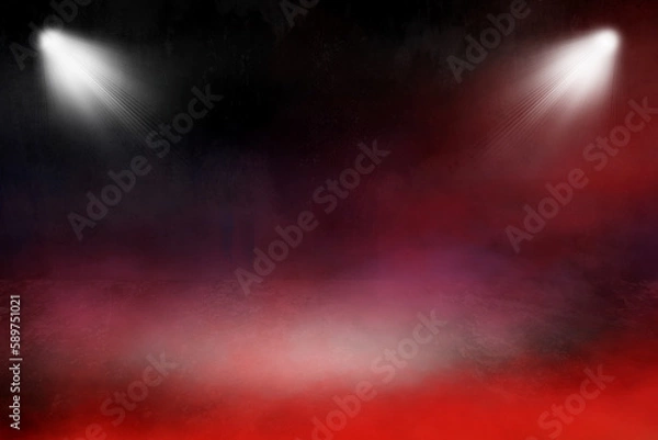Obraz foggy empty dark room, red smoke and fog over concrete floor, defocused and abstract background