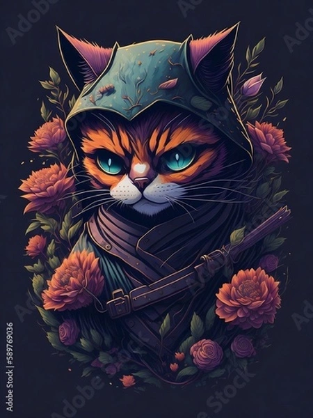 Obraz Cat with flowers, Created using generative AI