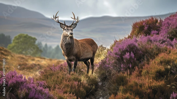 Fototapeta Single beautiful male redstag standing in the middle of blooming heather plants in the scotish hills. Generative AI.