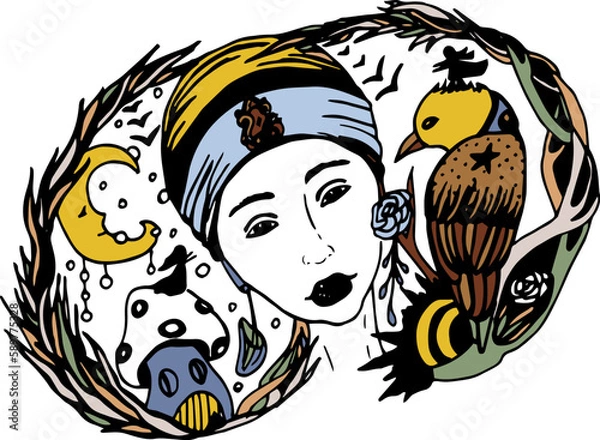 Fototapeta Vector graphic profile of a girl with raven isolated on white background. Мистическая ночная картина. Принт для праздника, иллюстрации, печати.