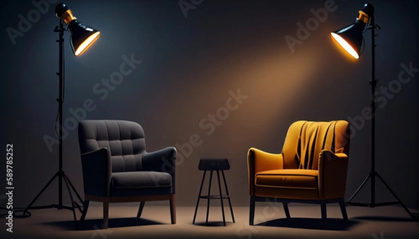 Fototapeta Stylish interior, two chairs, studio light, interview scene. Al