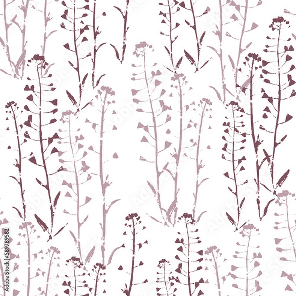 Fototapeta Seamless pattern with wild grasses on long stems in pink and burgundy on a white background. A natural, natural pattern with meadow grass silhouettes. Fabric design.