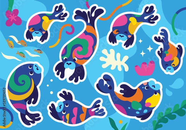 Obraz Collection with cute bright seal characters. Vector sticker set