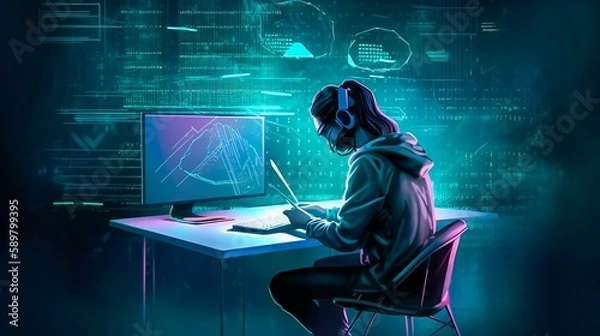 Fototapeta Illustration of a person working on a computer, with headphones on, created using Generative AI technology