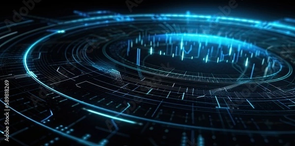 Obraz modern technology circle background or abstract image, blueprint, circuitry, light navy and sky-blue, Illustration Generative AI