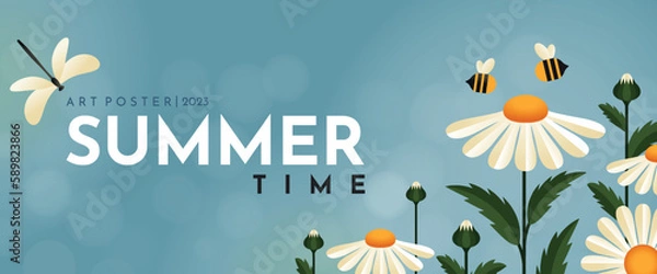 Fototapeta Banner hello summer with daisies. Cute daisies, bees and dragonfly. Summer illustration for banner, poster or flyer.