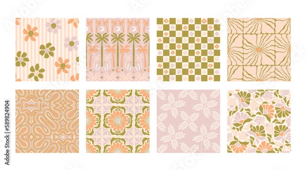 Fototapeta Seamless Pattern groovy boho collection 70s wall art flowers hippie kawaii 