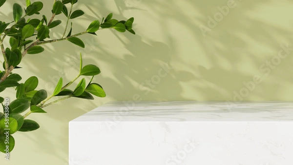 Fototapeta Minimal empty white marble counter table top, green tree branches in sunlight, leaf shadow on green wall, background for cosmetic, skincare, beauty treatment product display