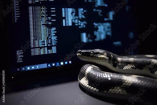 Fototapeta Python Programming Language, A Python Snake Looking at Lines of Code on a Computer Screen, Generative AI