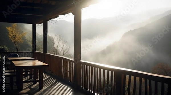 Fototapeta Restaurant balcony corner mountain view thick foggy clouds. Generative Ai.
