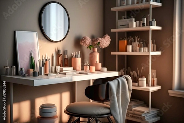 Obraz Dressing table with cosmetics for makeup. Super photo realistic background, generative ai illustration