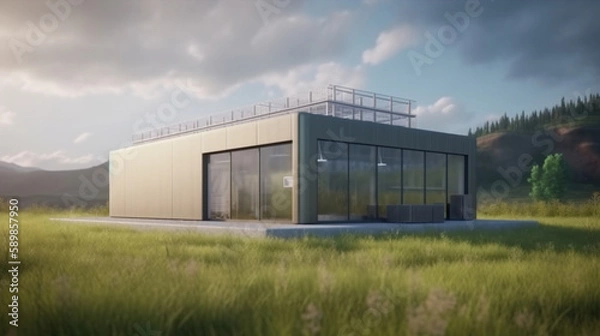 Obraz New energy sources, hydrogen power station with green grass field.Generative Ai.