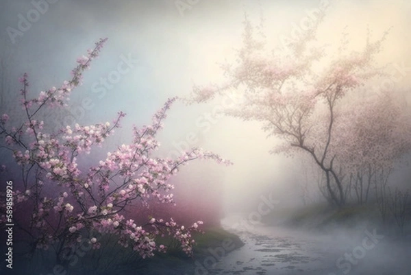 Fototapeta A branch of cherry blossoms with a pink background Generative AI
