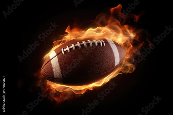 Fototapeta Flying american football ball in burning flames close up on dark brown background. Classical sport equipment as conceptual 3D illustration