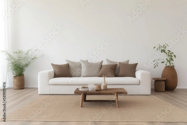 Fototapeta View of modern Mediterranean style interior with sofa. Home staging and minimalism concept - Generative AI