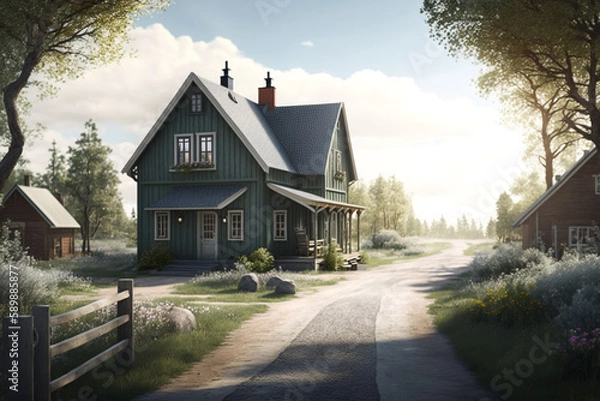 Fototapeta Beautiful Spring View of Simple House Complex generative ai