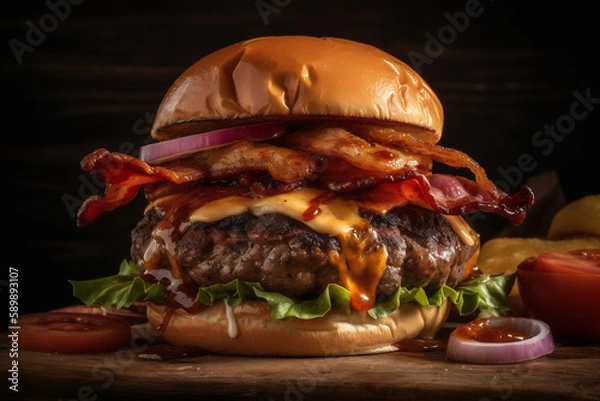 Obraz delicious beef burger with bacon, Generative AI